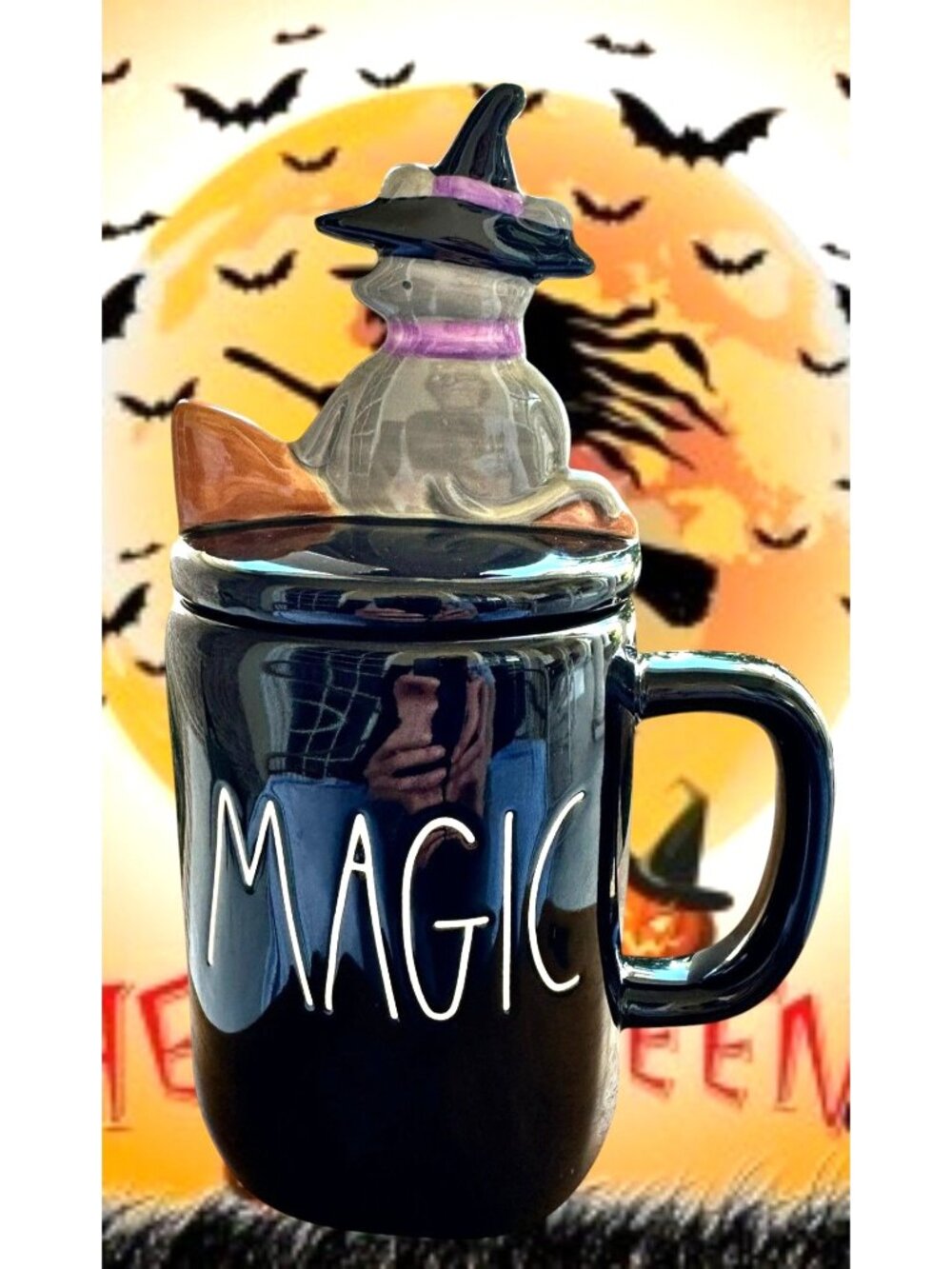 Rae Dunn Black Magic Mug Cat New Halloween Broom Stick Lid Warmer Coffee Hot Tea